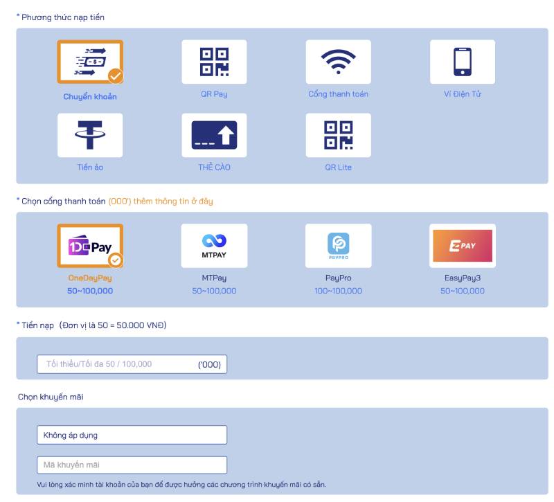 Sử dụng chuyển khoản ngân hàng để nạp